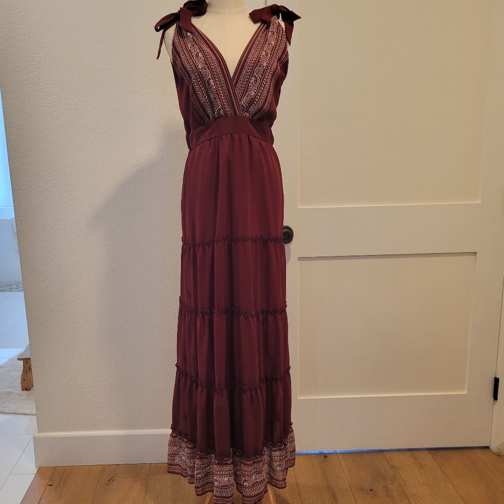 NWT Boutique Tiered Maxi Sundress Dress - maroon burgundy with faux lace detail